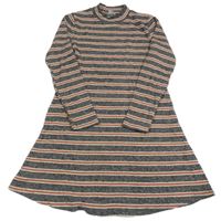 Černo/šedo-cihlovo-smetanové pruhované žebrované úpletové šaty ZARA