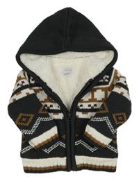 Tmavokhaki-bílo-hnědý vzorovaný propínací zateplený svetr s kapucí