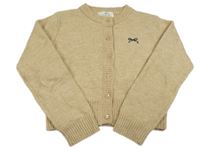 Béžový melírovaný vlněný propínací crop svetr s mašličkou H&M