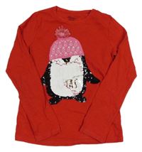 Červené melírované triko s tučňáčkem s překlápěcími flitry F&F