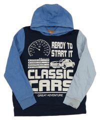 Tmavomodro-modro-světlemodrá mikina s nápisy a autem a kapucí Kids