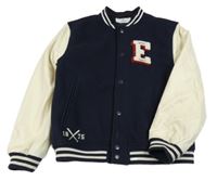 Tmavomodro-smetanová flaušovo/koženková baseballová bunda s písmenkem a míčkem a pruhy H&M