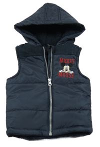 Tmavomodrá prošívaná šusťáková zateplená vesta s Mickey a vzorem a kapucí Disney