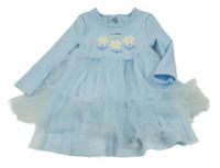 Světlemodré žebrované šaty s kytičkami a tylem s puntíky PRIMARK