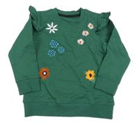 Tmavozelená mikina s kytičkami a volánky 