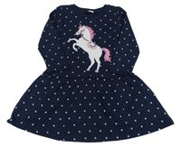 Tmavomodré puntíkaté teplákové šaty s jednorožcem s flitry Topolino