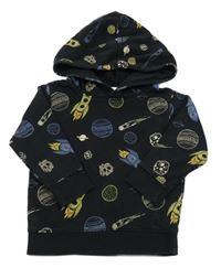 Černá mikina s raketami a planetami a kapucí H&M