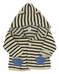 Smetanovo-černý pruhovaný propínací svetr s hvězdičkami/kapsami a kapucí s oušky GAP