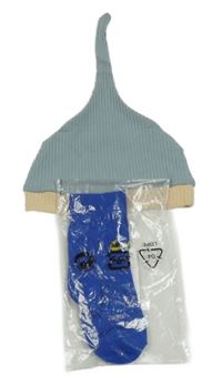 Nové - Modrošedo-světlebéžová žebrovaná čepice + safírové ponožky 