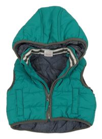 Modrozeleno-tmavošedá prošívaná šusťáková zateplená vesta s kapucí miniclub