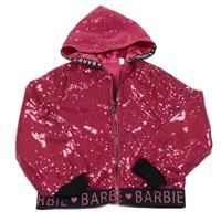 Malinovo-černá tylová flitrová propínací podšitá crop mikina s logy a kapucí Barbie