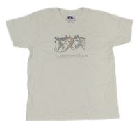 Bílé tričko s koníky a nápisem z kamínků russell