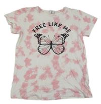 Bílo-růžové batikované tričko s motýlkem a nápisem Page one young