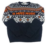 Tmavomodrý svetr se vzorem a nápisem H&M