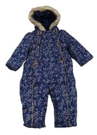 Tmavomodrá květovaná šusťáková zimní kombinéza s kapucí Mothercare