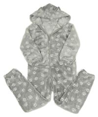 Šedá chlupatá kombinéza s tlapkami a kapucí