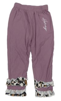 Fialové žebrované legíny s volánky a nápisem