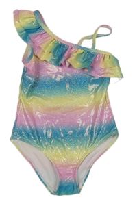 Modro-růžovo-žluté třpytivé jednodílné plavky s volánky