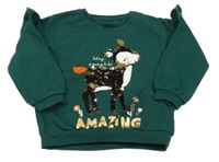 Tmavozelená mikina se srnkou s překlápěcími flitry a volánky F&F