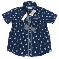 Nové - 2set - Tmavomodrá košile s loďkami + melírovaný motýlek