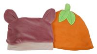 2x čepice - starorůžová plyšová s oušky + oranžová fleecová - dýně