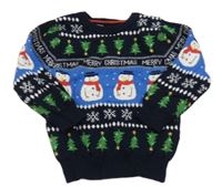 Tmavomodro-modrý svetr se sněhuláky a stromky Primark