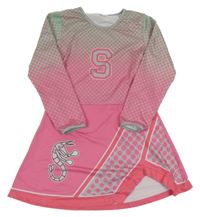 Růžovo-zelené vzorované elastické šaty s číslem 