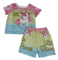 2 set - barevné vzorované tričko s jednorožcem + kraťasy 