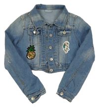 Světlemodrá crop riflová bunda s nášivkou z flitrů 