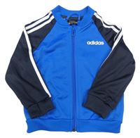 Modro-tmavomodrá sportovní propínací mikina s pruhy a logem Adidas