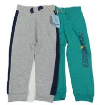 Nové - 2set - 2x tepláky - zelené s nápisem + šedo-modré s nápisem Impidimpi