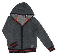 Tmavomodro-bílý melírovaný propínací svetr s kapucí 