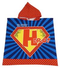 Modro-červené osuškové pončo s nápisem a kapucí 