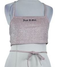 Dámský růžový třpytivý crop top s nápisem na zavazování 