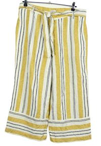 Dámské okrovo-černé pruhované culottes lněné kalhoy s páskem F&F