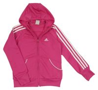 Fuchsiová sportovní propínací funkční mikina s pruhy a kapucí Adidas 