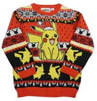 Červeno-bílo-černý svetr se vzorem a Pikachu 