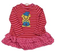 Červeno-růžové pruhované bavlněné šaty s medvídkem