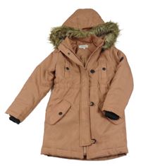 Starorůžová šusťáková zimní parka s kapucí s kožešinou 