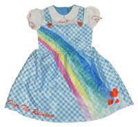 Kostým - Světlemodro-bílé kostkované saténové šaty s duhou 