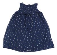 Tmavomodrá šifonová šatová tunika s papoušky Kiki&Koko