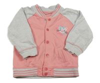 Růžovo-světlešedá propínací baseballová mikina s kočičkou Ergee