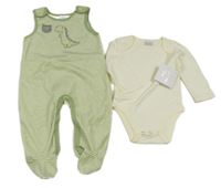 2set - Smetanovo-zelené sametové dupačky s dinosaurem + body Just too Cute