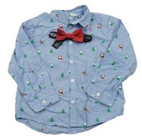 2set - Modrá košile s vánočním motivem + motýlek H&M