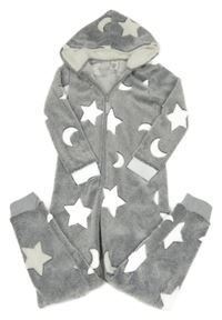 Šedá chlupatá kombinéza s hvězdičkami a kapucí Peacocks