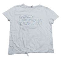 Bílé melírované crop tričko s metalickými nápisy a uzlem ONLY