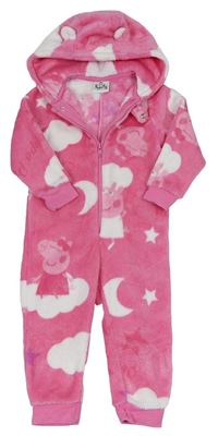 Růžovo-bílá třpytivá plyšová kombinéza s Peppa Pig a kapucí s oušky Matalan