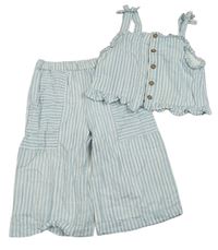 2Set - Světlemodro-bílý pruhovaný halenkový crop top s volánky + culottes kalhoty TU 