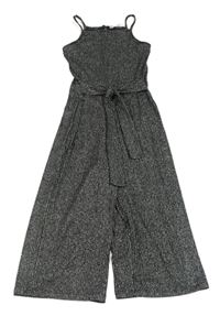 Černo-stříbrný pruhovaný žebrovaný kalhotový slavnostní culottes overal se zavazováním Candy Couture