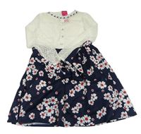 Nové - tmavomodro-bílé šaty s květy a krajkou a gombíky a perlami Sunny Fashion 